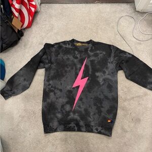 Aviator Nation Black Tie-Dye Sweater with Pink Lightning Bolt